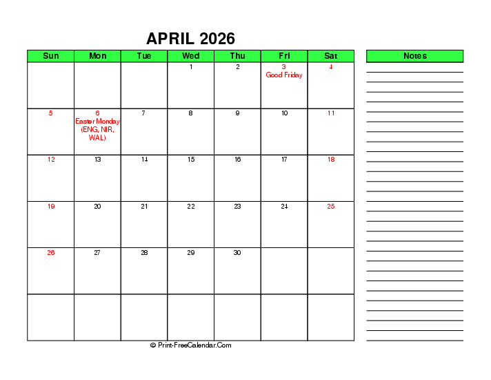 Green April 2026 Calendar With Uk Bank Holidays Sunday Start Right Notes, Landscape Layout