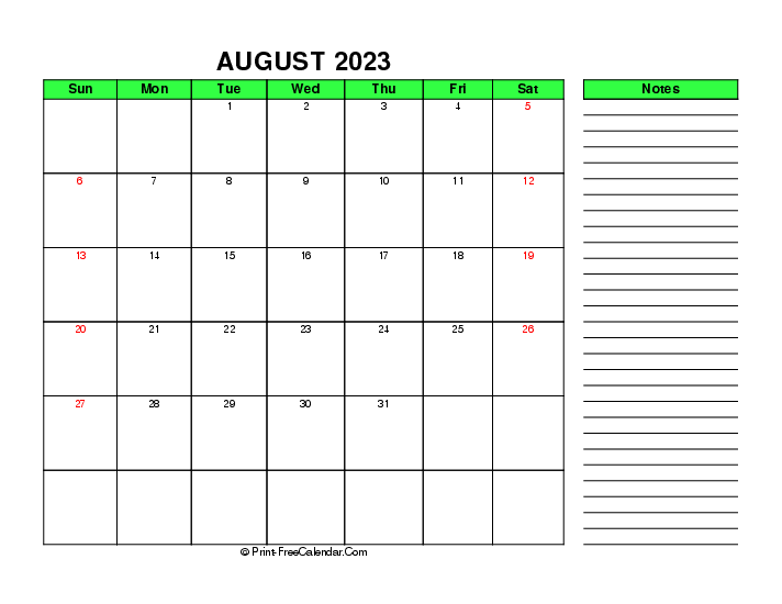 august 2023 calendar with notes
