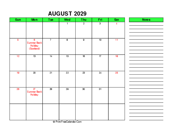 Green August 2029 Calendar With Uk Bank Holidays Sunday Start Right Notes, Landscape Layout