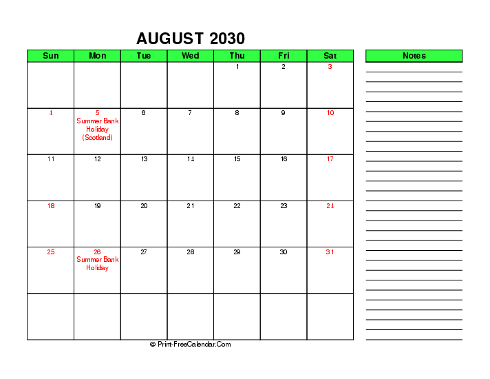 green august 2030 calendar with uk-bank holidays, week start on sunday, Landscape orientation