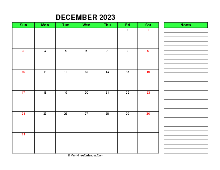 green december 2023 calendar sunday start right notes landscape