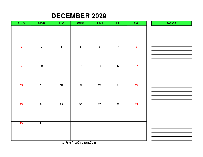 green december 2029 calendar sunday start right notes landscape