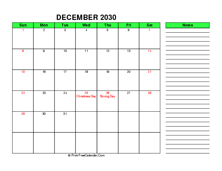 green december 2030 calendar with uk-bank holidays, week start on sunday, Landscape orientation