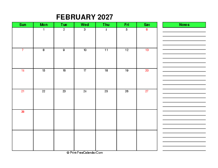 green february 2027 calendar with uk-bank holidays, week start on sunday, Landscape orientation