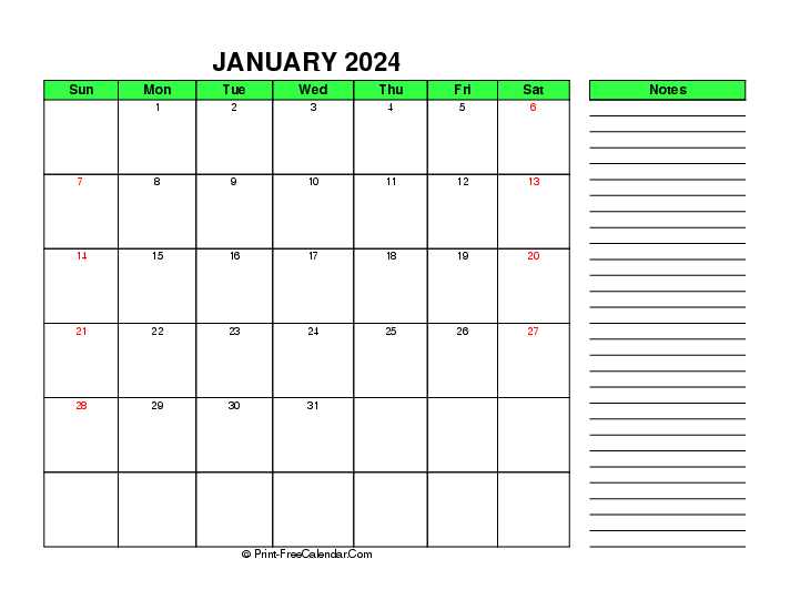 green january 2024 calendar sunday start right notes landscape