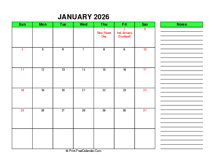 green january 2026 calendar with uk-bank holidays, week start on sunday, Landscape orientation