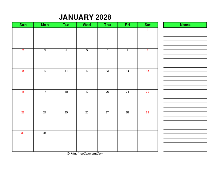 january 2028 calendar with notes