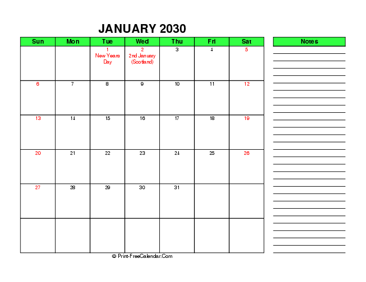 Green January 2030 Calendar With Uk Bank Holidays Sunday Start Right Notes, Landscape Layout