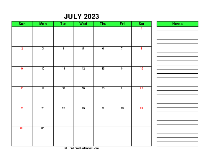 Green July 2023 Calendar Sunday Start Right Notes, Landscape Layout