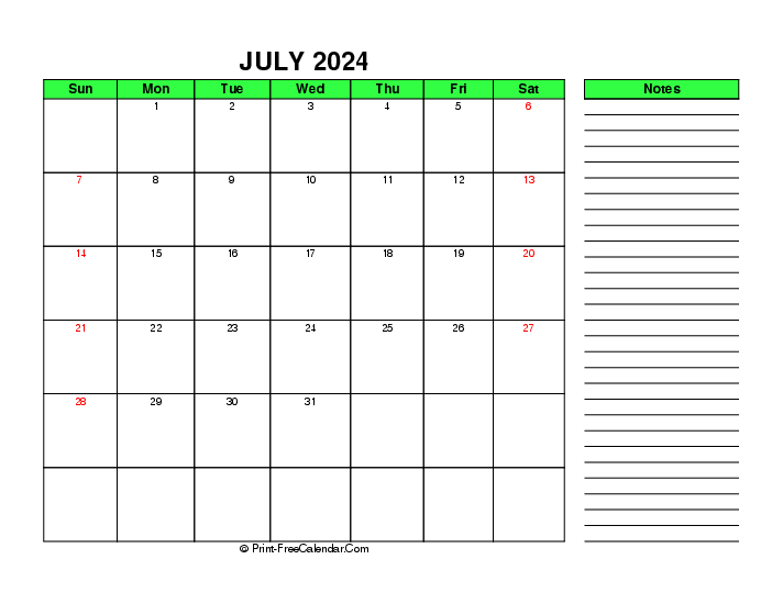july 2024 calendar with notes