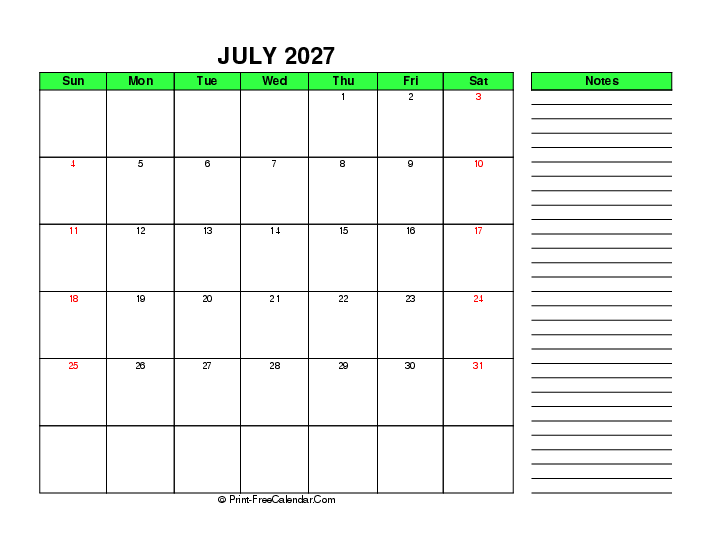green july 2027 calendar sunday start right notes landscape
