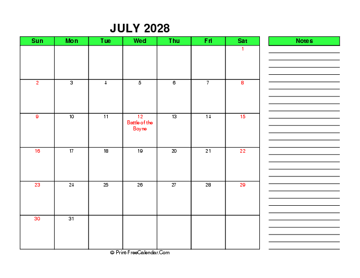 Green July 2028 Calendar With Uk Bank Holidays Sunday Start Right Notes, Landscape Layout