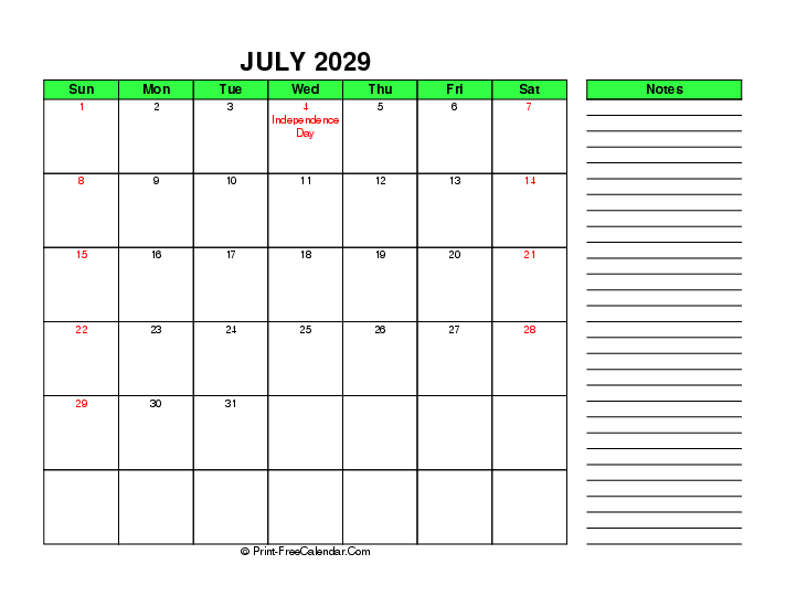 Green July 2029 Calendar With Usa Holidays Sunday Start Right Notes, Landscape Layout