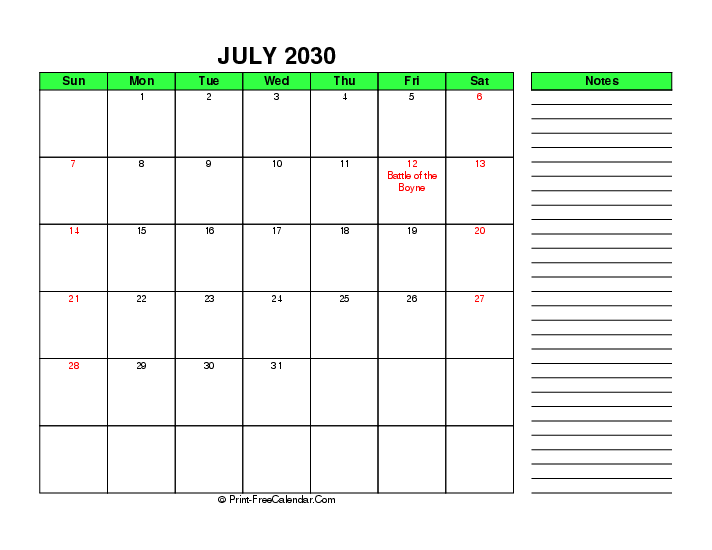 Green July 2030 Calendar With Uk Bank Holidays Sunday Start Right Notes, Landscape Layout