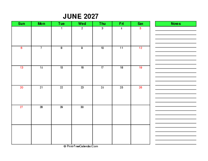 green june 2027 calendar with usa holidays, week start on sunday, Landscape orientation