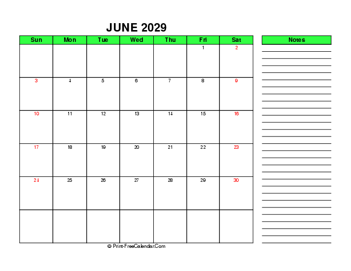 green june 2029 calendar with uk-bank holidays, week start on sunday, Landscape orientation