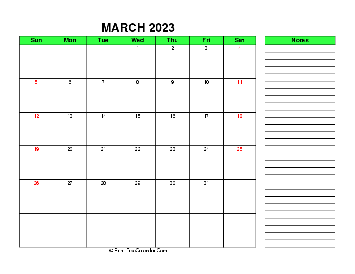 green march 2023 calendar sunday start right notes landscape