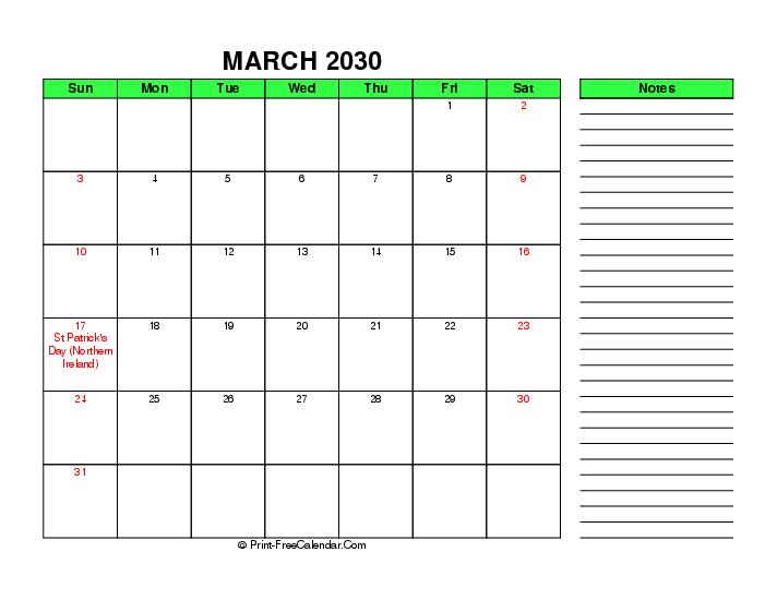 green march 2030 calendar with uk-bank holidays, week start on sunday, Landscape orientation