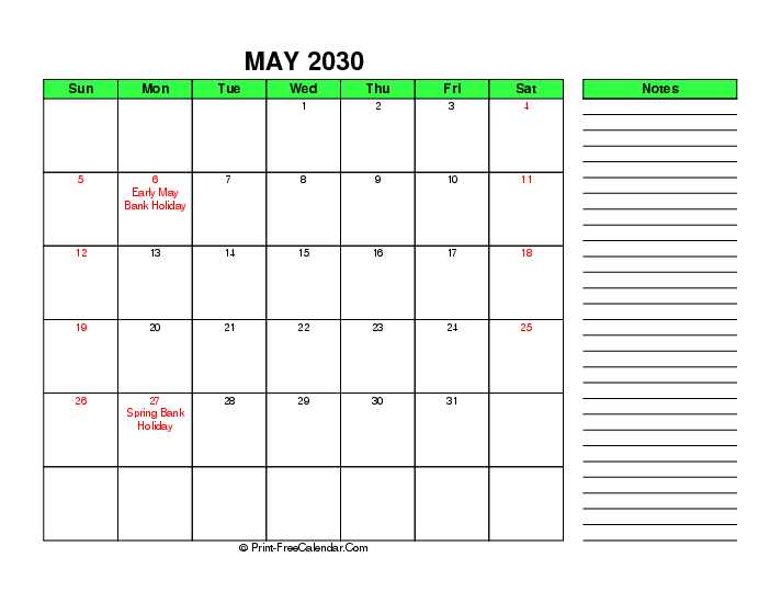 green may 2030 calendar with uk-bank holidays, week start on sunday, Landscape orientation