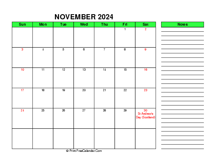 green november 2024 calendar with uk-bank holidays, week start on sunday, Landscape orientation