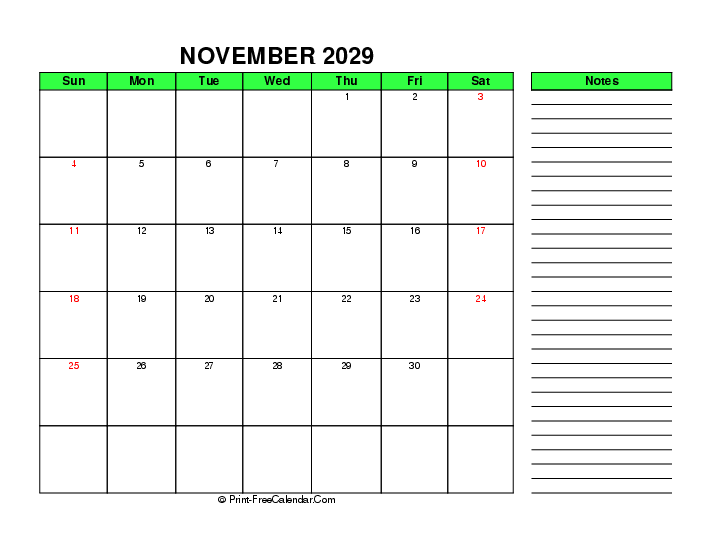 november 2029 calendar with notes