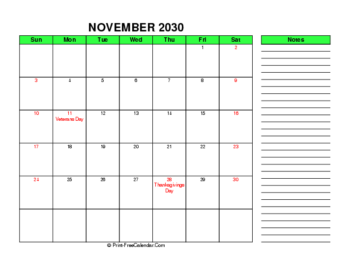 green november 2030 calendar with usa holidays, week start on sunday, Landscape orientation
