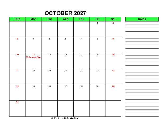 Green October 2027 Calendar With Usa Holidays Sunday Start Right Notes, Landscape Layout