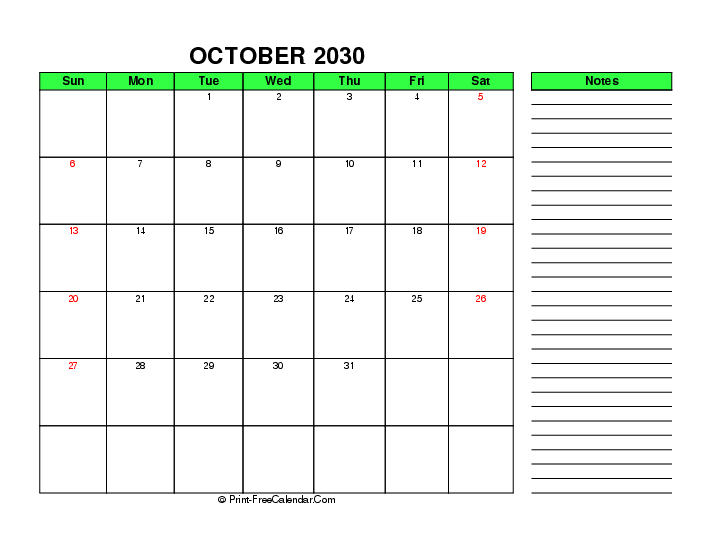 Green October 2030 Calendar With Uk Bank Holidays Sunday Start Right Notes, Landscape Layout