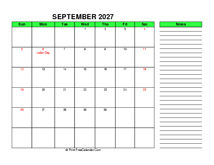 green september 2027 calendar with usa holidays, week start on sunday, Landscape orientation