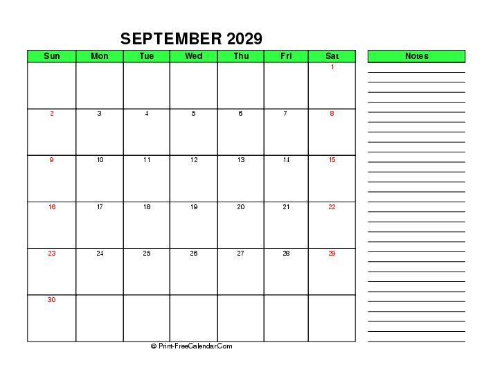 green september 2029 calendar with uk-bank holidays, week start on sunday, Landscape orientation