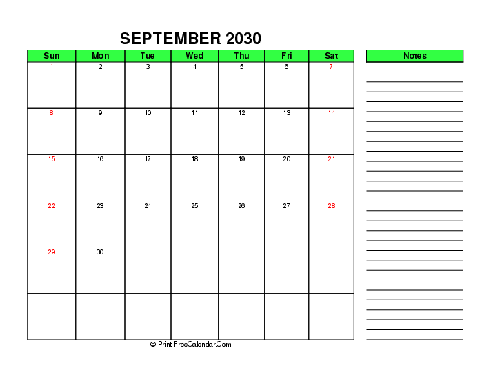 green september 2030 calendar with uk-bank holidays, week start on sunday, Landscape orientation