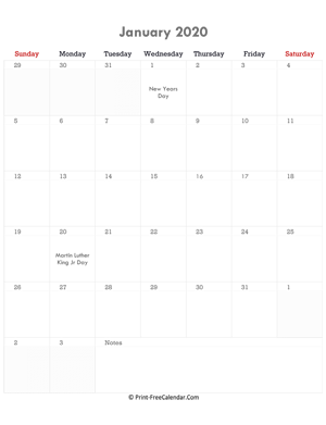 january 2020 calendar printable with holidays portrait layout