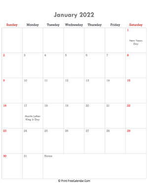 january 2022 calendar printable with holidays (portrait layout)