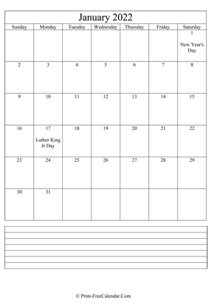 january 2022 calendar printable with notes vertical layout