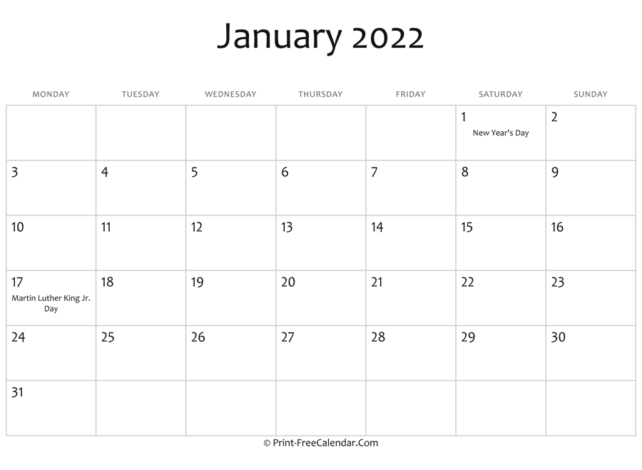 January 2022 Editable Calendar with Holidays