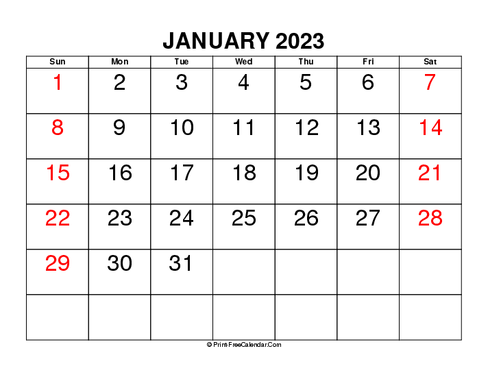 january 2023 calendar large font sunday start landscape