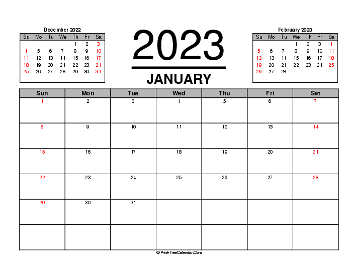 january 2023 calendar previous next month sunday start landscape