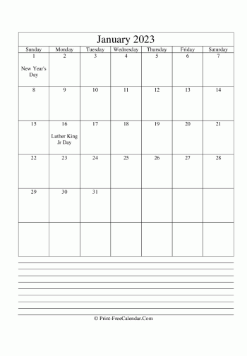 january 2023 calendar printable with notes vertical layout