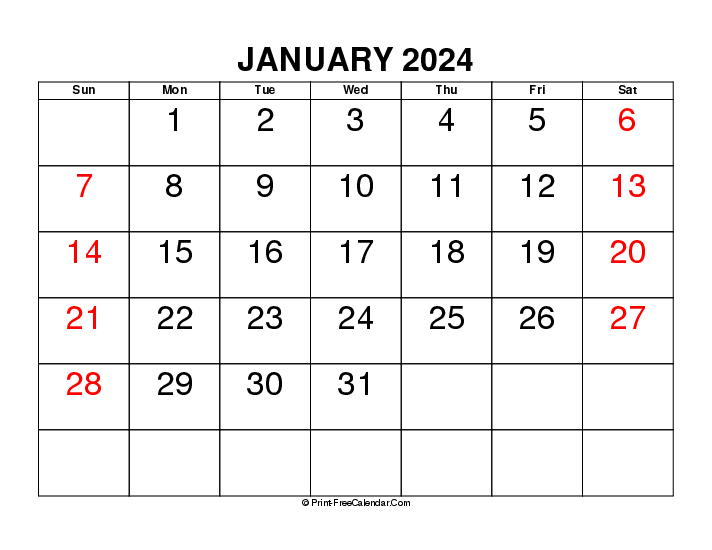 january 2024 calendar large font sunday start landscape