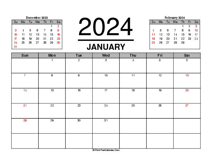 january 2024 calendar previous next month sunday start landscape