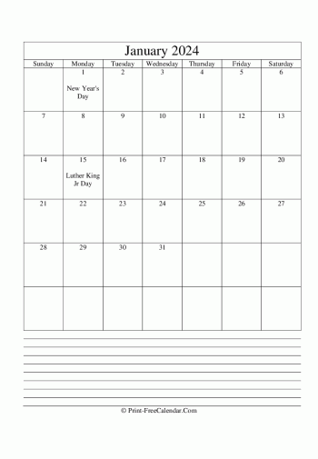 january 2024 calendar printable with notes vertical layout