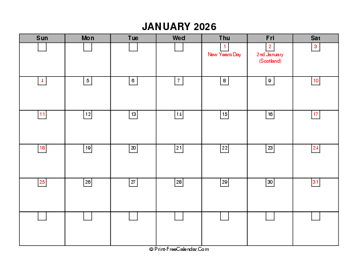 january 2026 boxy calendar with uk-bank holidays, week start on sunday, Landscape orientation