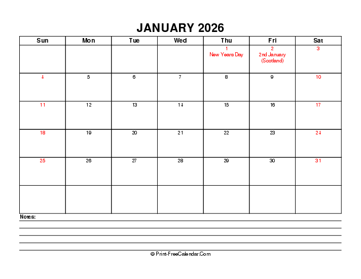 january 2026 editable calendar with uk-bank holidays, week start on sunday, Landscape orientation
