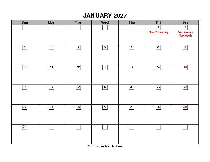 january 2027 boxy calendar with uk-bank holidays, week start on sunday, Landscape orientation