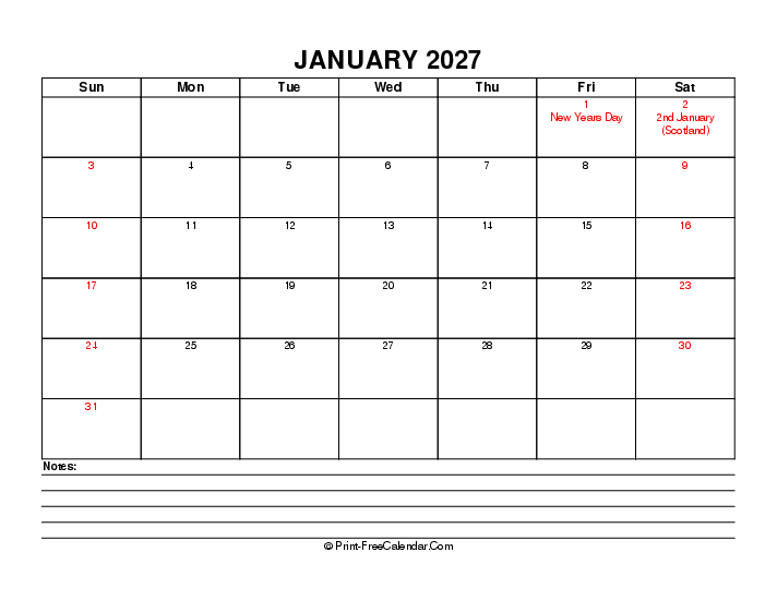 january 2027 editable calendar with uk-bank holidays, week start on sunday, Landscape orientation
