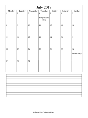 july 2019 calendar printable with notes vertical layout