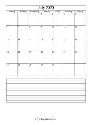 july 2020 calendar printable with notes (vertical layout)