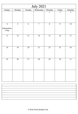 july 2021 calendar printable with notes vertical layout