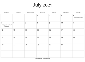 july 2021 editable calendar holidays