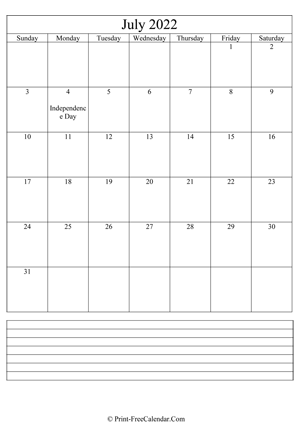 july 2022 calendar printable with notes vertical